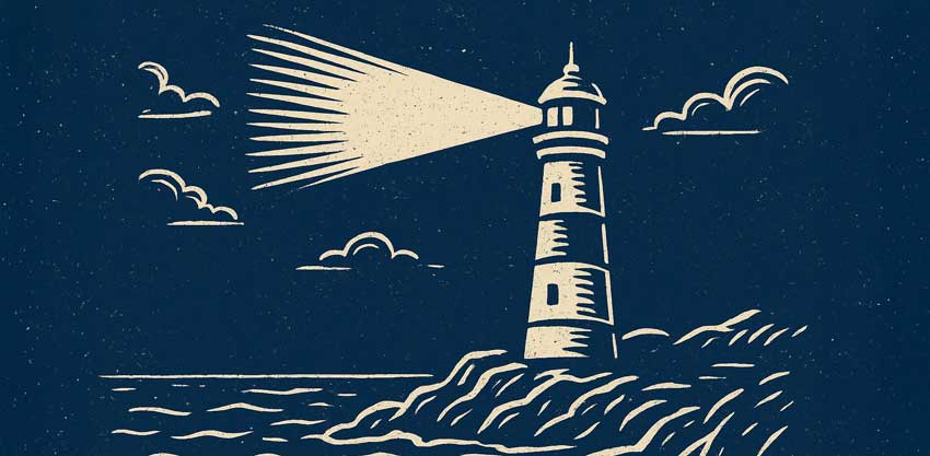 Leuchtturm Linolschnitt in blau